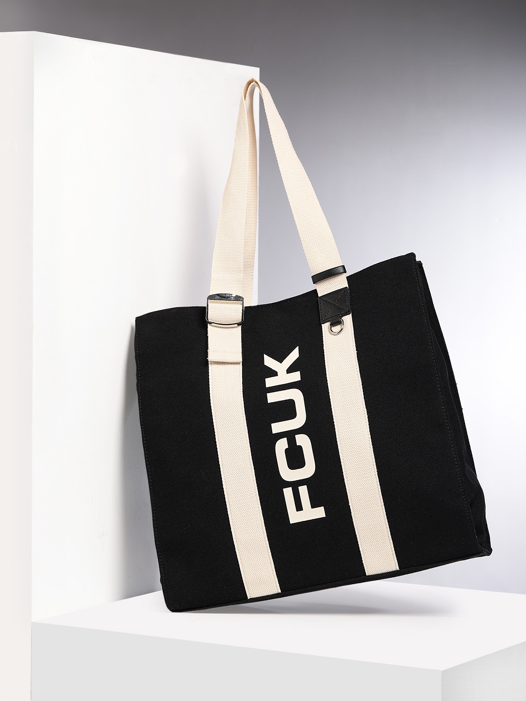 

French Connection Brand Logo Printed Oversized Structured Shoulder Bag, Black