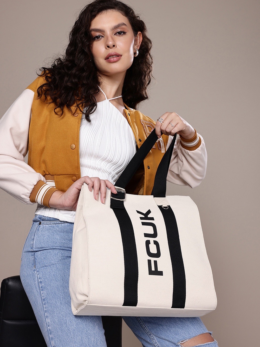 

French Connection Brand Logo Printed Oversized Structured Shoulder Bag, Off white