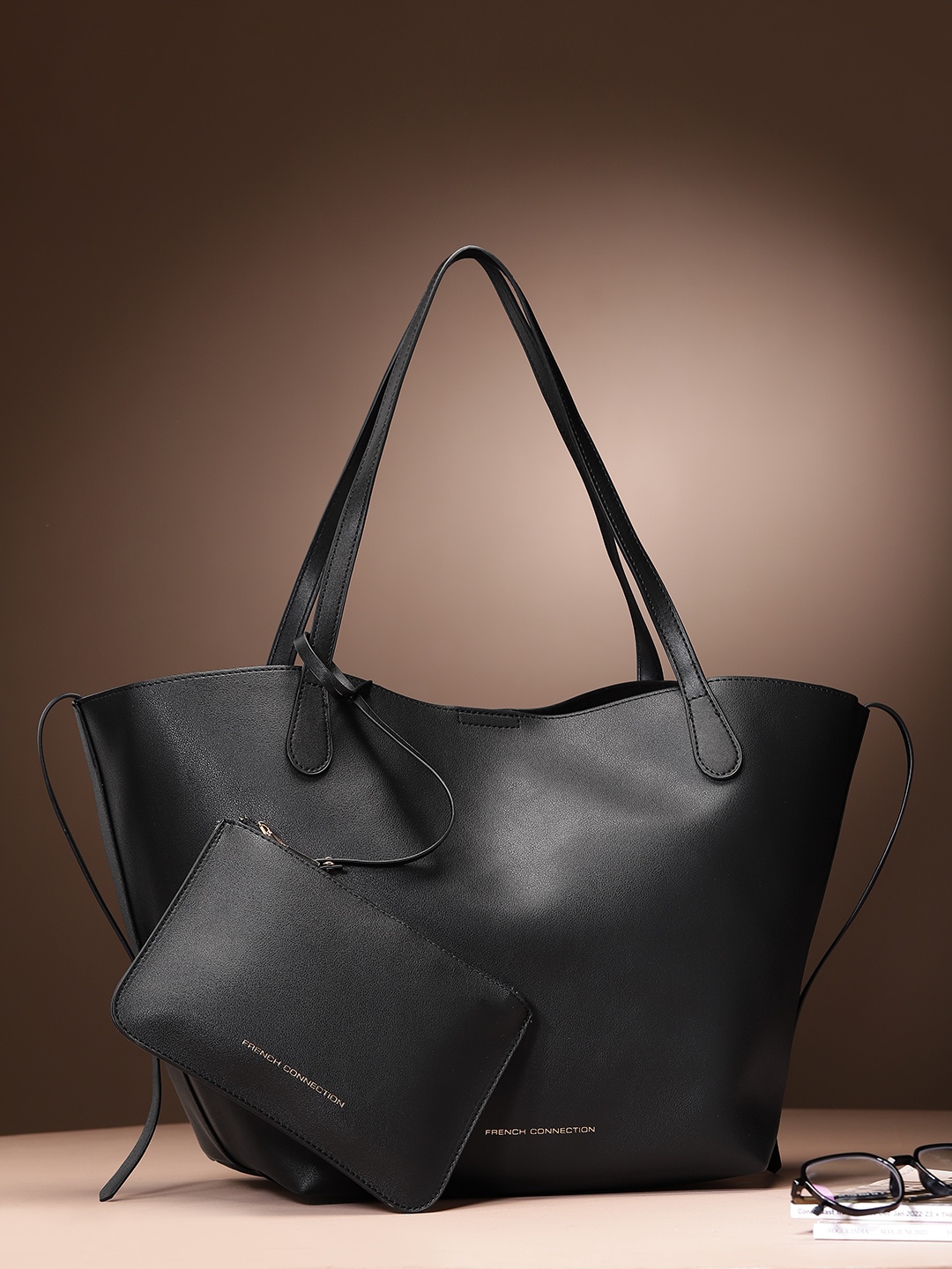 

French Connection Shopper Tote Bag with Pouch, Black