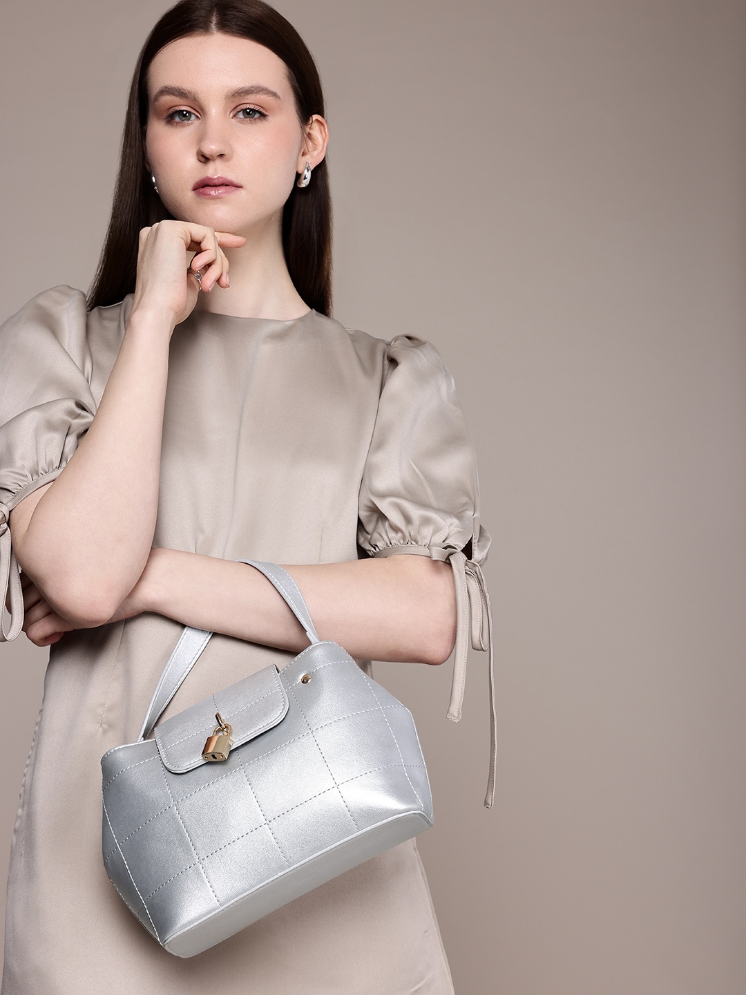 

French Connection Checked Structured Handheld Bag, Silver