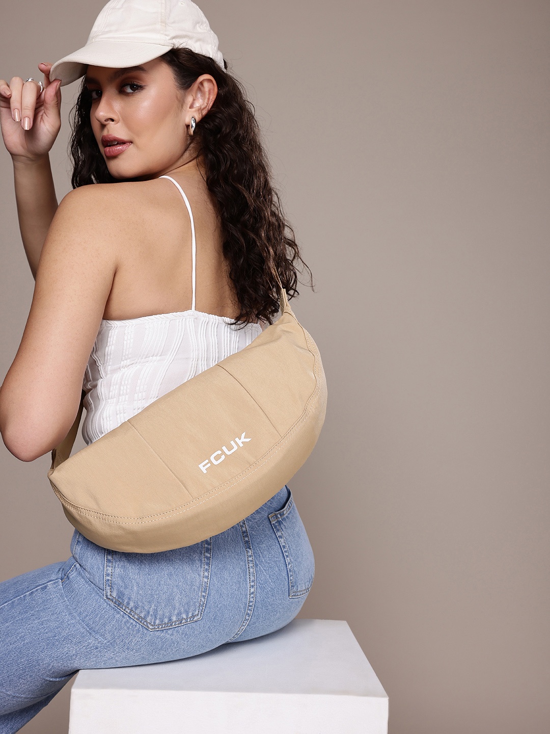 

French Connection Brand Logo Printed Structured Shoulder Bag, Khaki