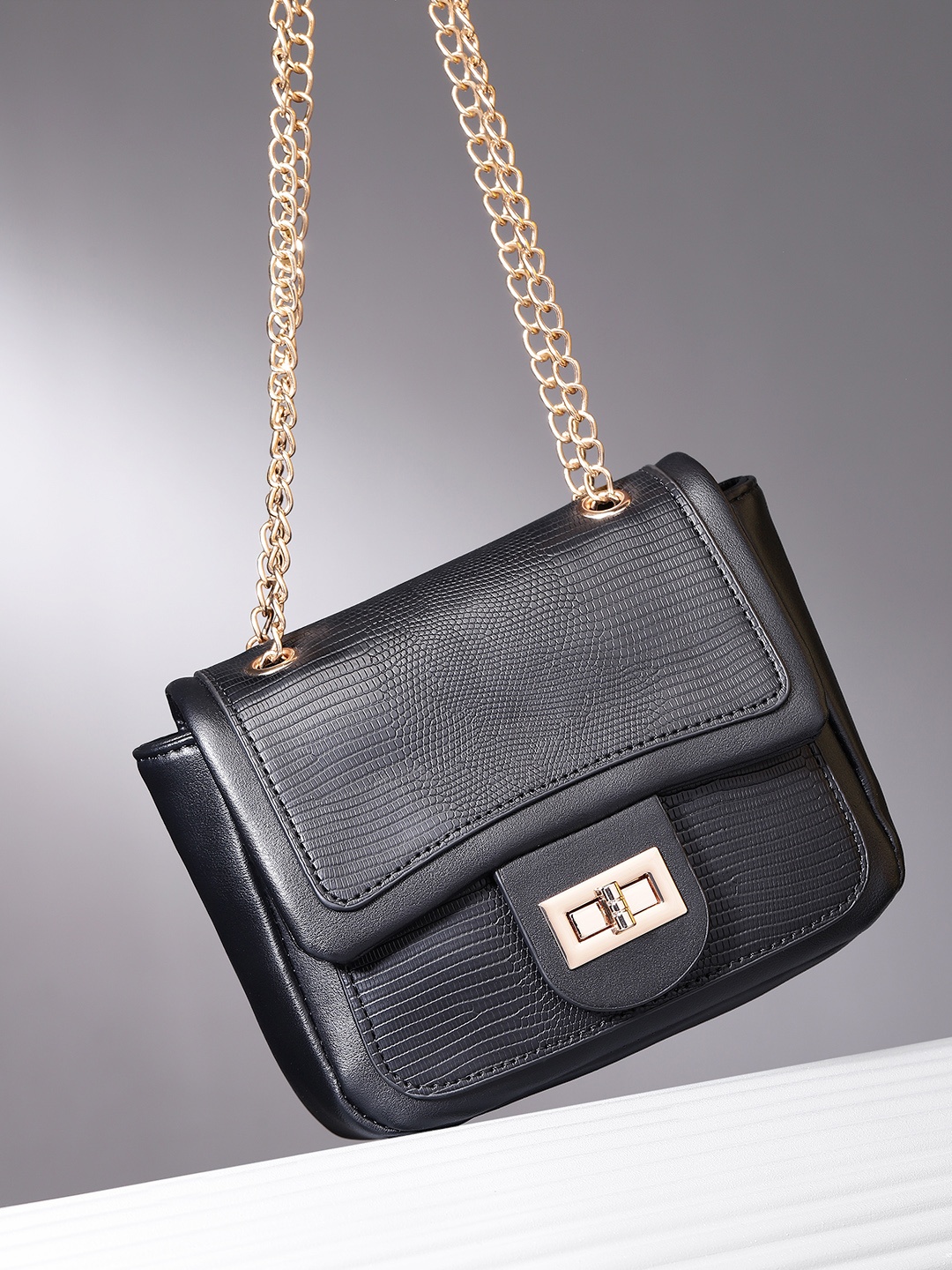 

French Connection Structured Animal Textured Shoulder Bag, Black