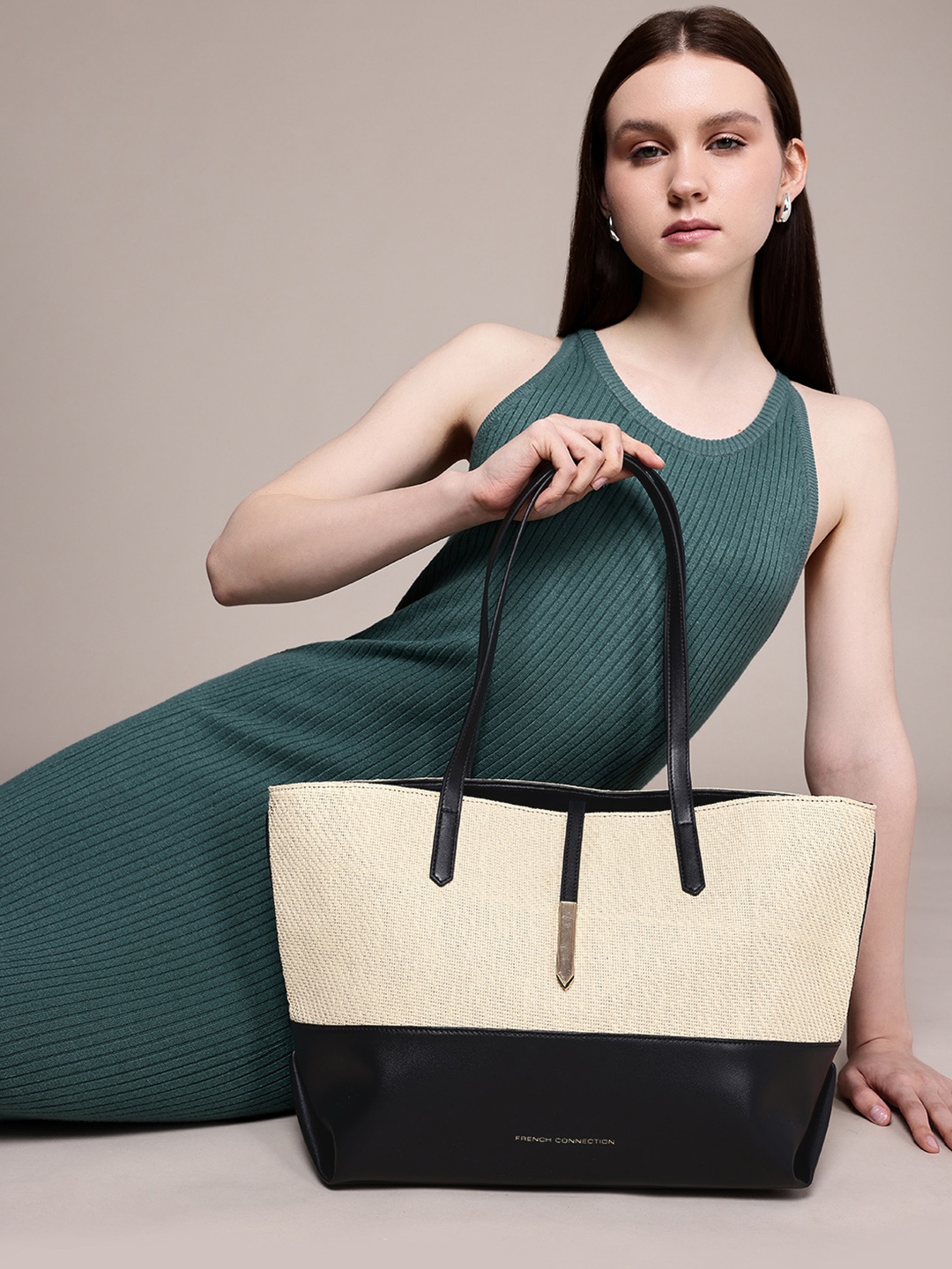 French Connection Colourblocked Oversized Structured Shoulder Bag, Beige