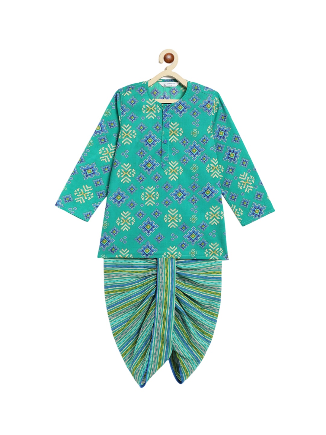 

Campana Boys Printed Regular Pure Cotton Straight Kurta With Dhoti Pants, Green