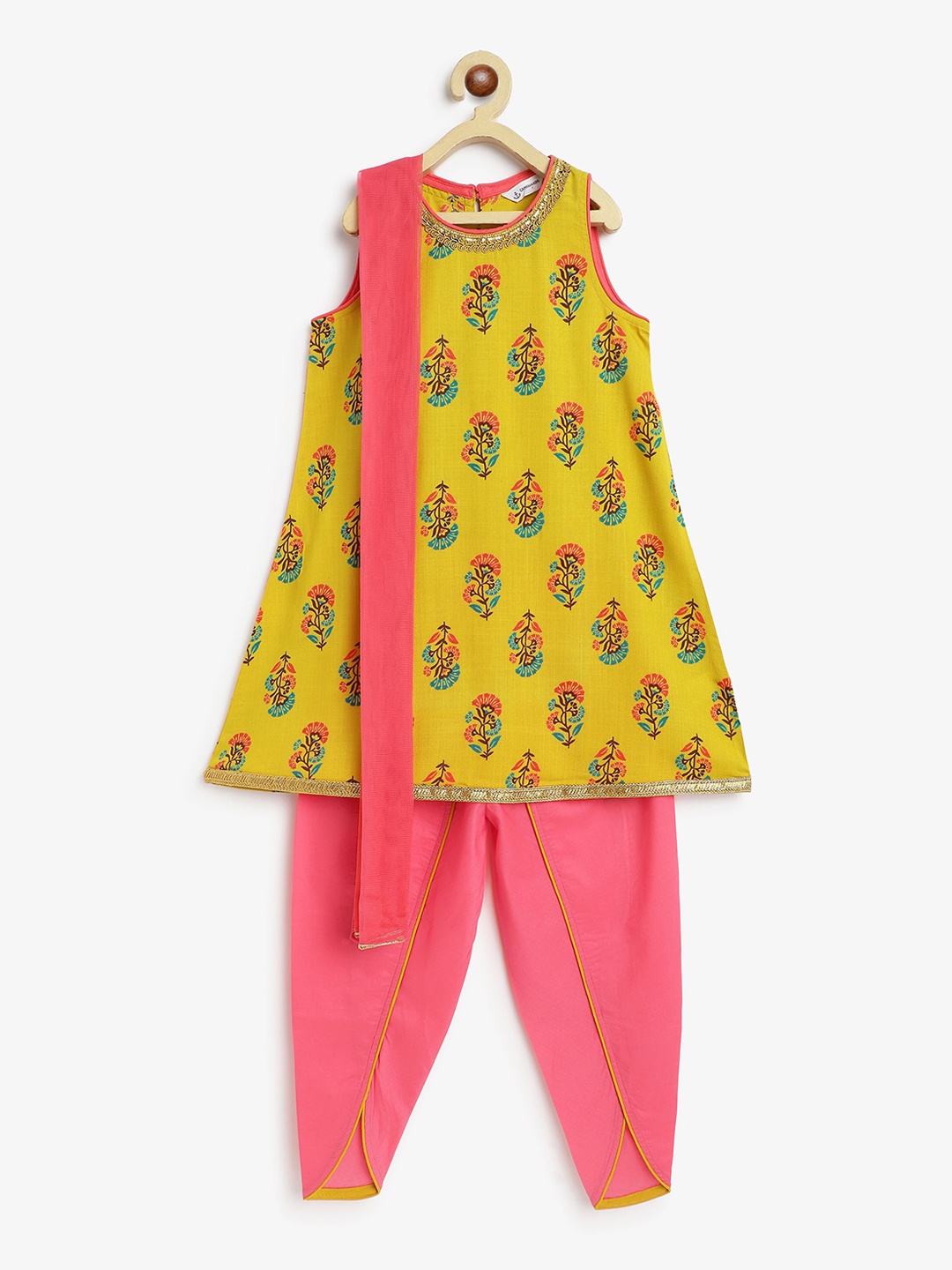 

Campana Girls Floral Printed Round Neck Regular A-Line Kurti With Dhoti Pants & Dupatta, Lime green
