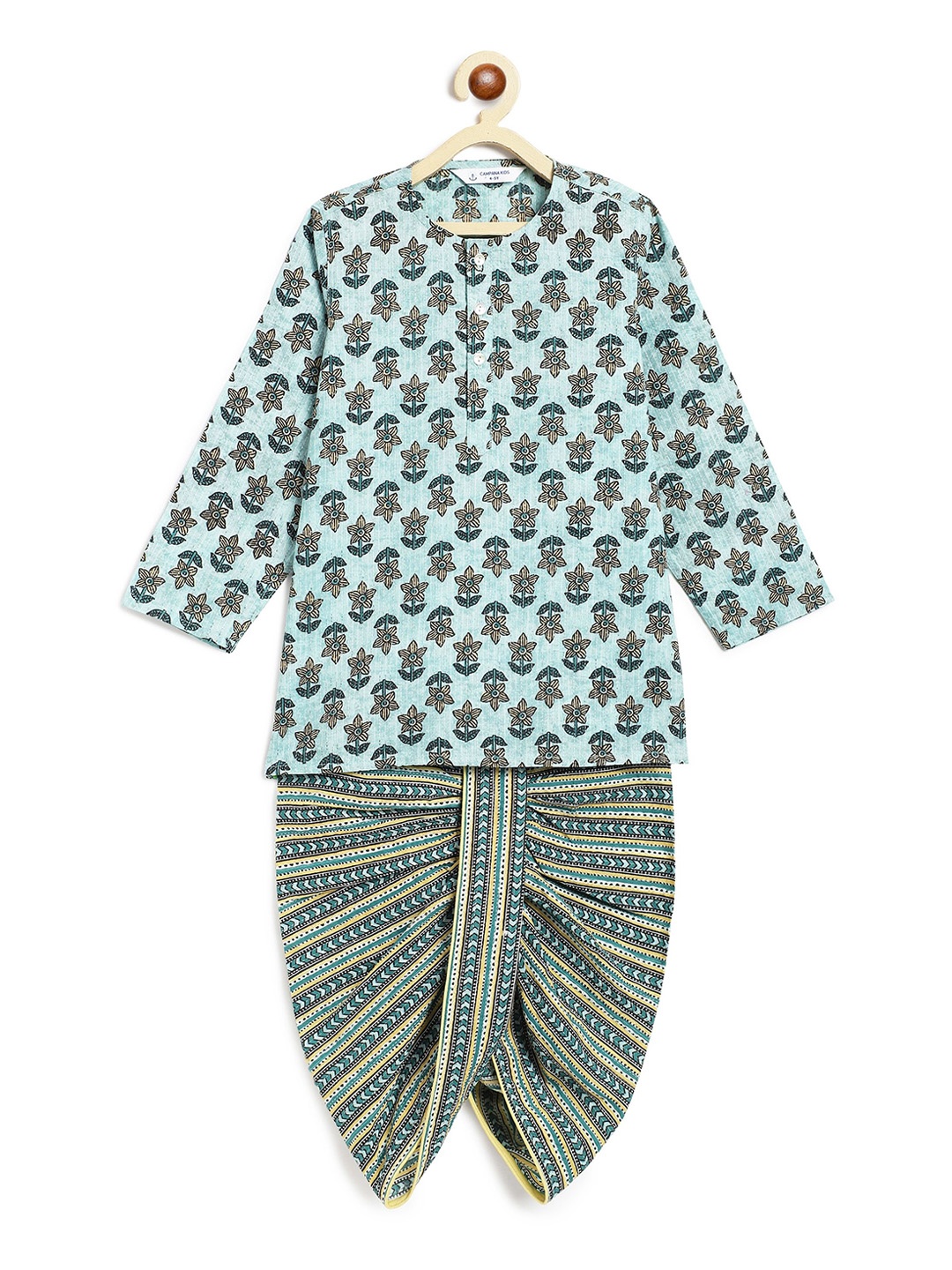 

Campana Boys Floral Printed Regular Pure Cotton Straight Kurta With Dhoti Pants, Blue