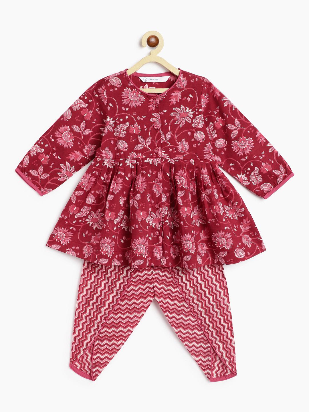 

Campana Girls Floral Printed Round Neck Regular Pure Cotton A-Line Kurti With Dhoti Pants, Maroon