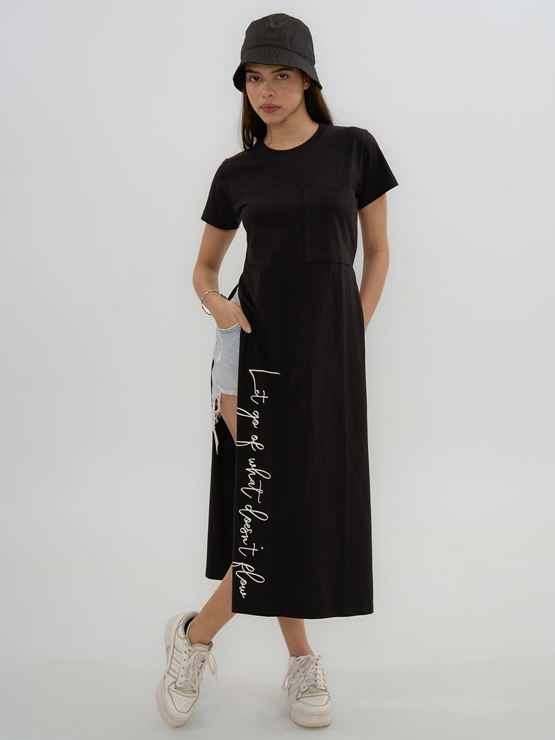 

Exhale Label The Antima Women Cotton Typographic Oversized Fit Dress, Black