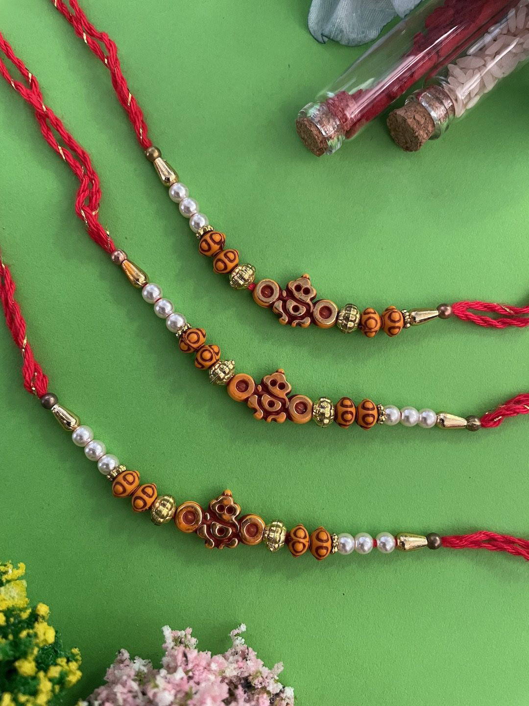 

Digital Dress Room Set of 3 Beaded Thread Rakhis, Red