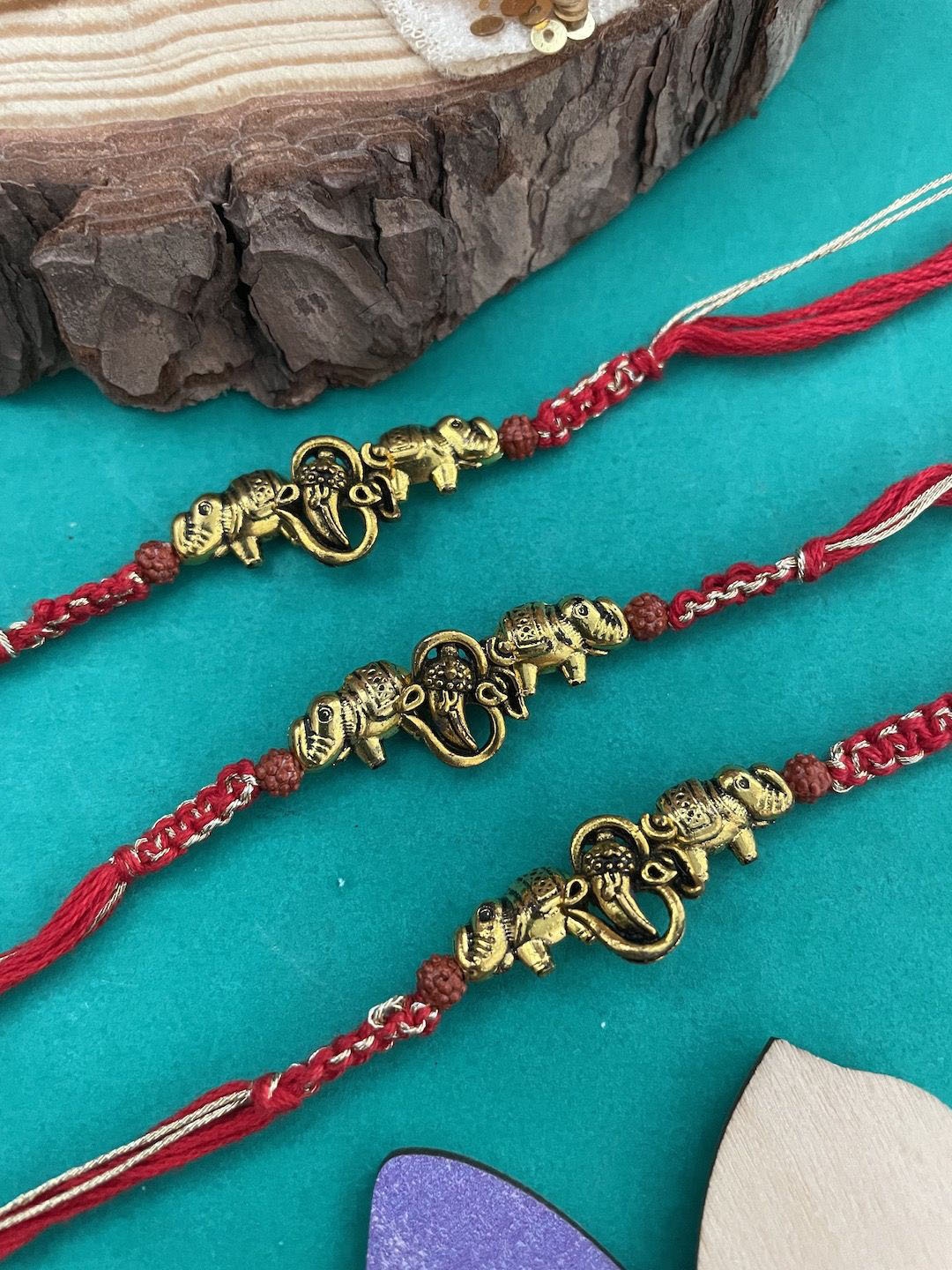 

Digital Dress Room Set of 3 Beaded Thread Rakhis, Red