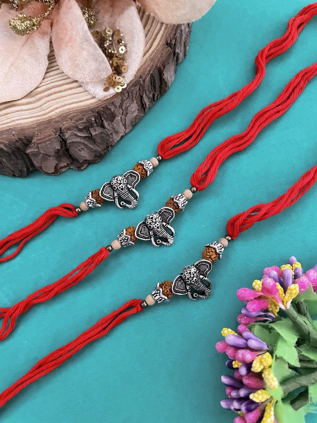 

Digital Dress Room Set of 3 Beaded Thread Rakhis, Red