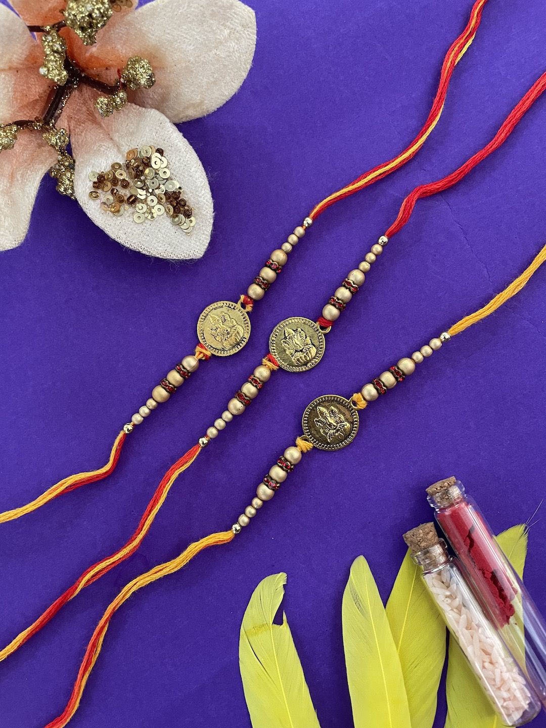 

Digital Dress Room Set of 3 Beaded Thread Rakhis, Red