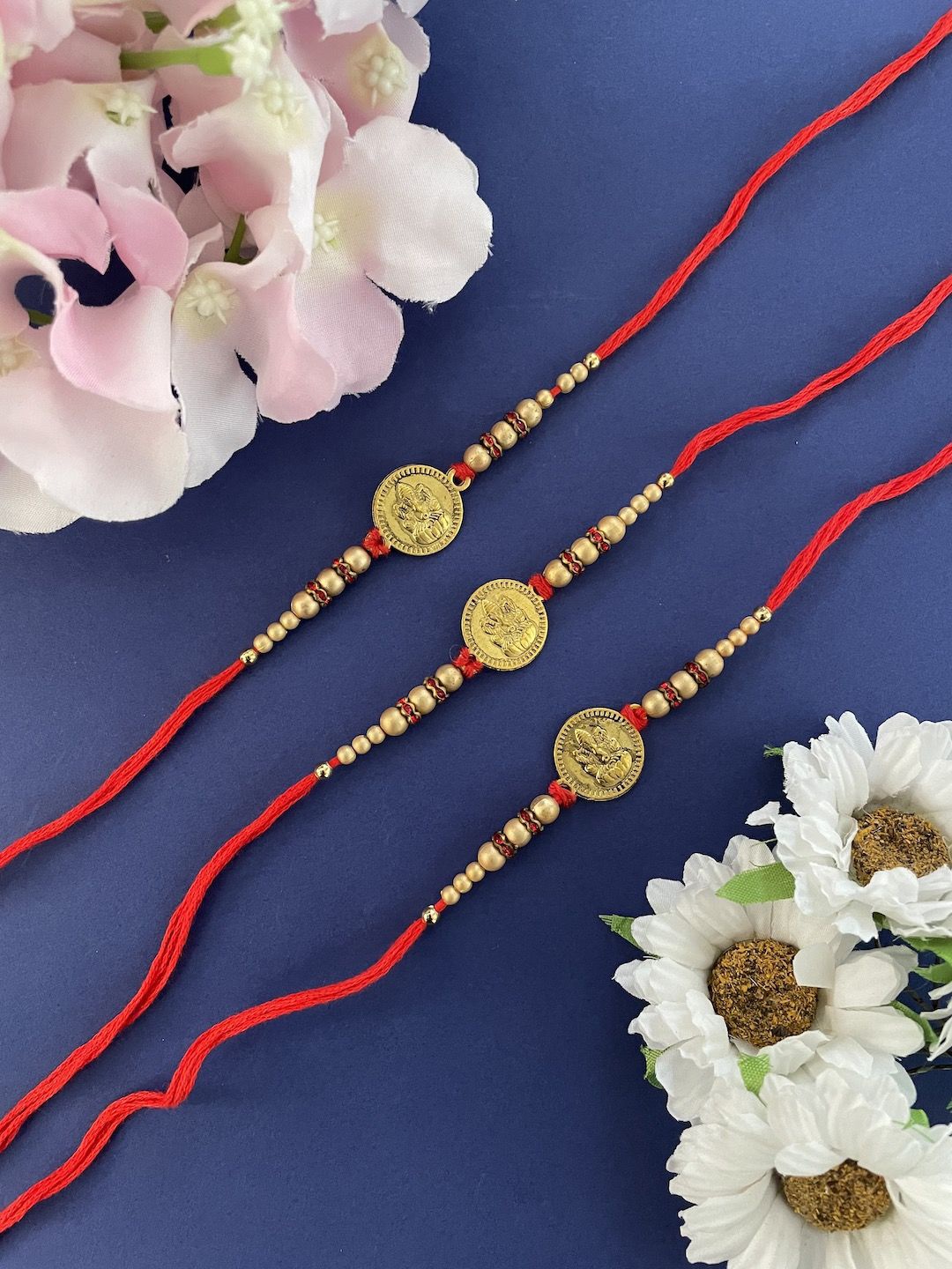 

Digital Dress Room Set Of 3 Beaded Thread Rakhis, Red