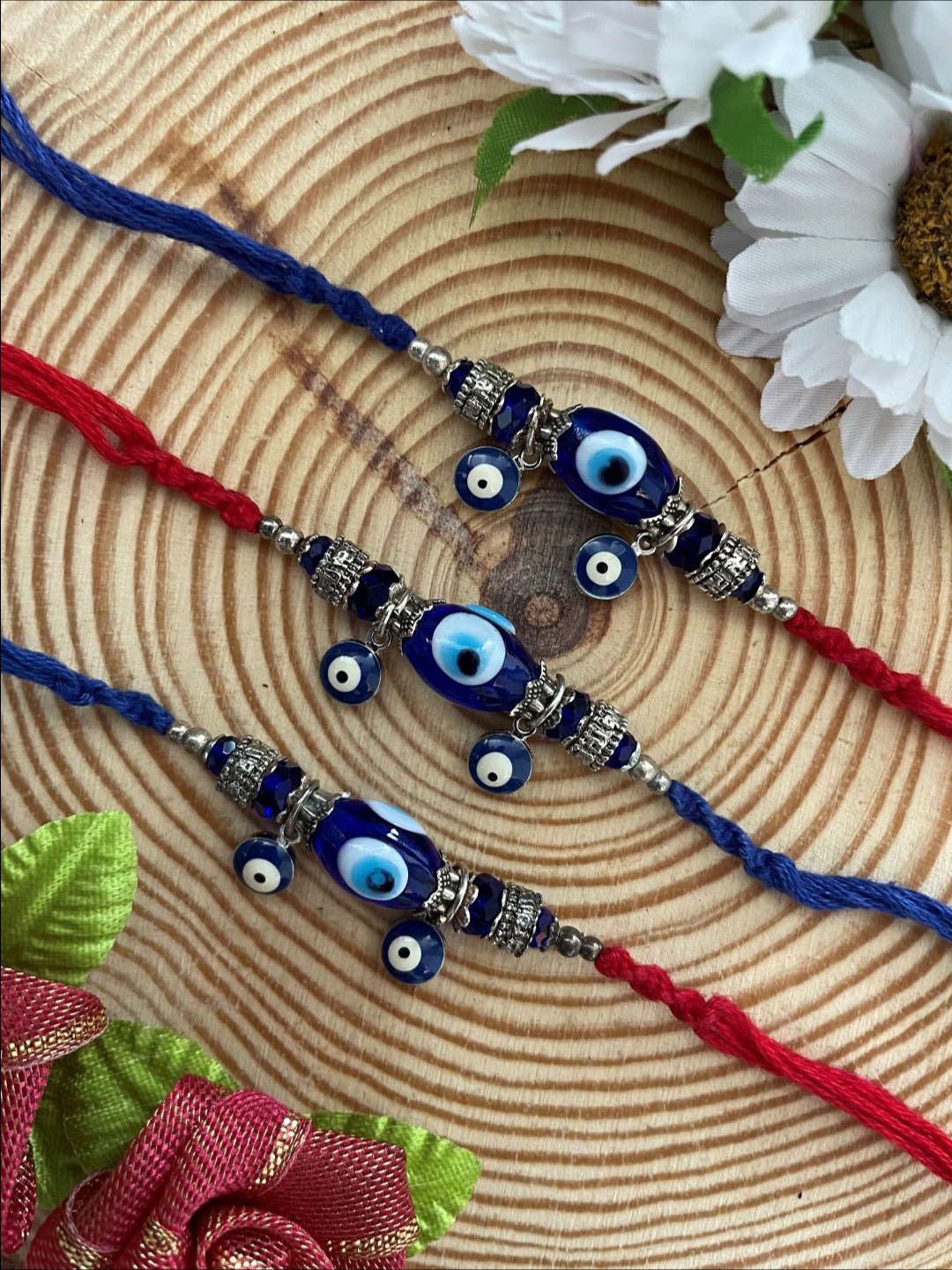 

Digital Dress Room Set of 3 Evil Eye Beaded Thread Rakhi, Red
