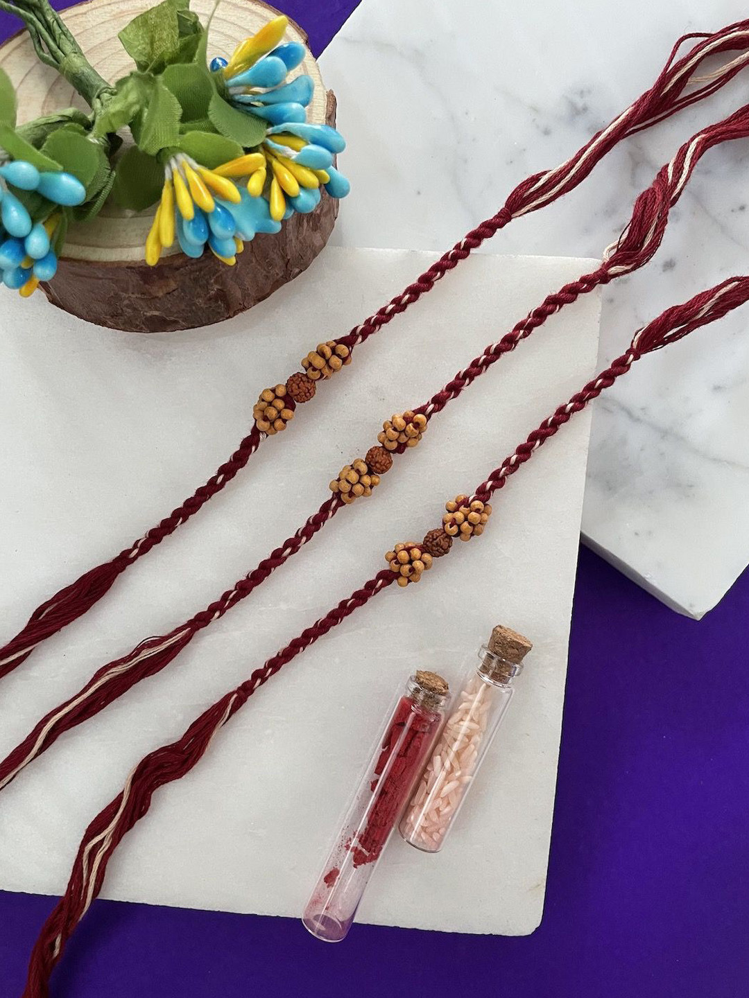 

Digital Dress Room Set of 3 Beaded Thread Rakhi, Red