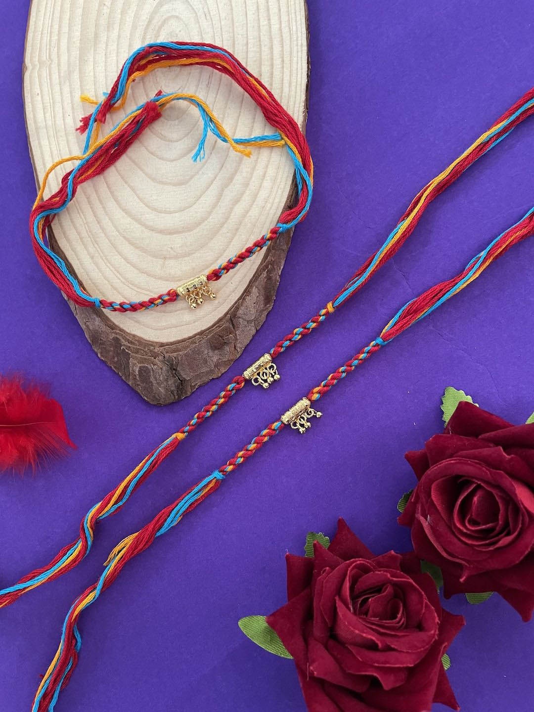 

Digital Dress Room Set Of 3 Beaded Thread Rakhis With Roli Chawal, Red