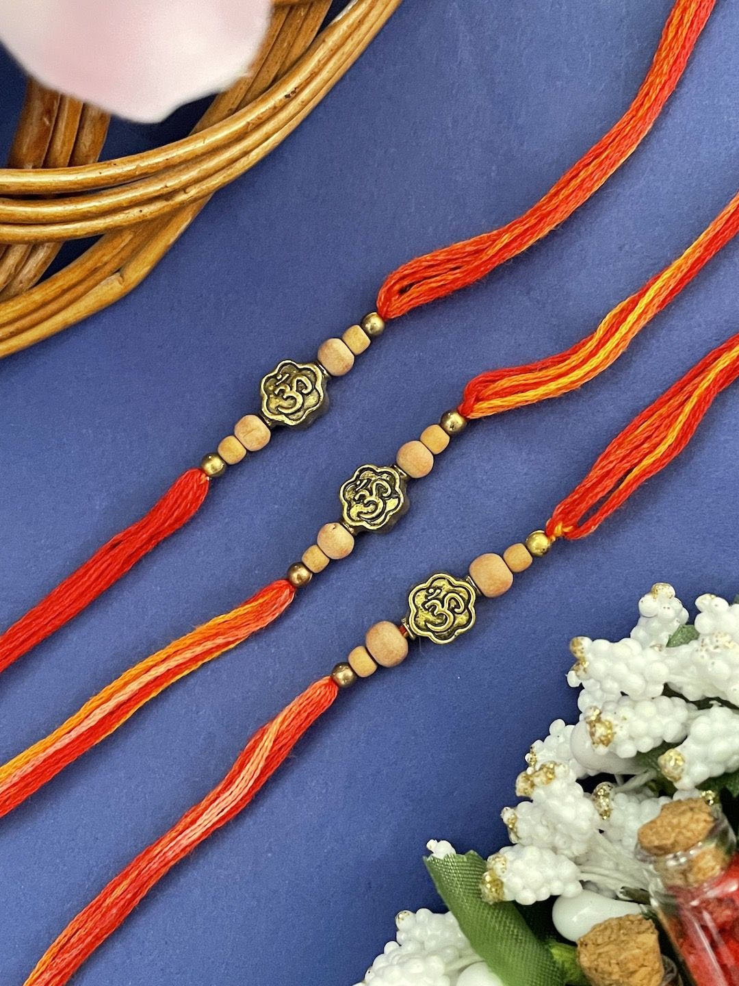 

Digital Dress Room Set of 3 Beaded Thread Rakhi, Red