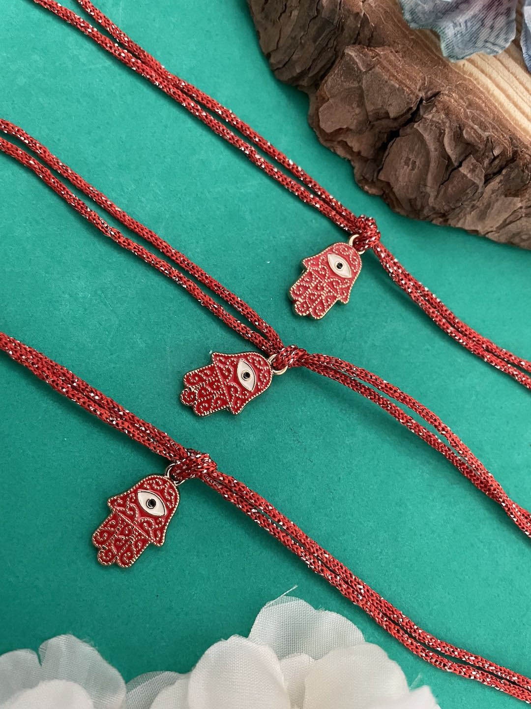 

Digital Dress Room Set of 3 Evil Eye Beaded Thread Rakhi, Red