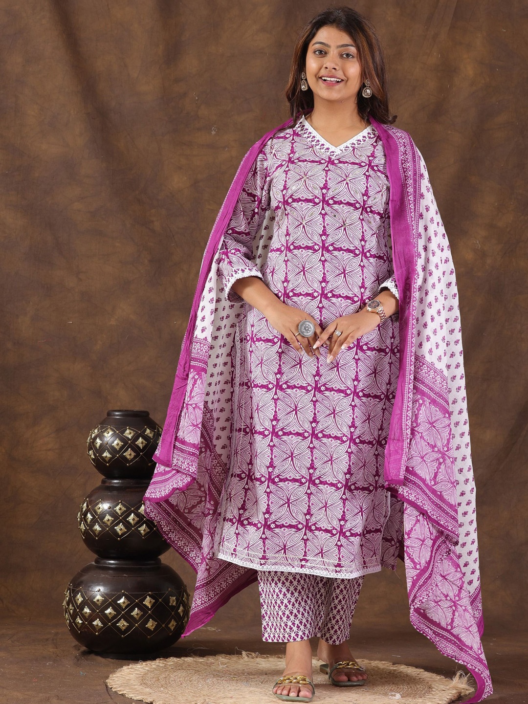 

PARTHVI Floral Printed Mirror Work V-Neck Straight Kurta With Trousers & Dupatta, Purple