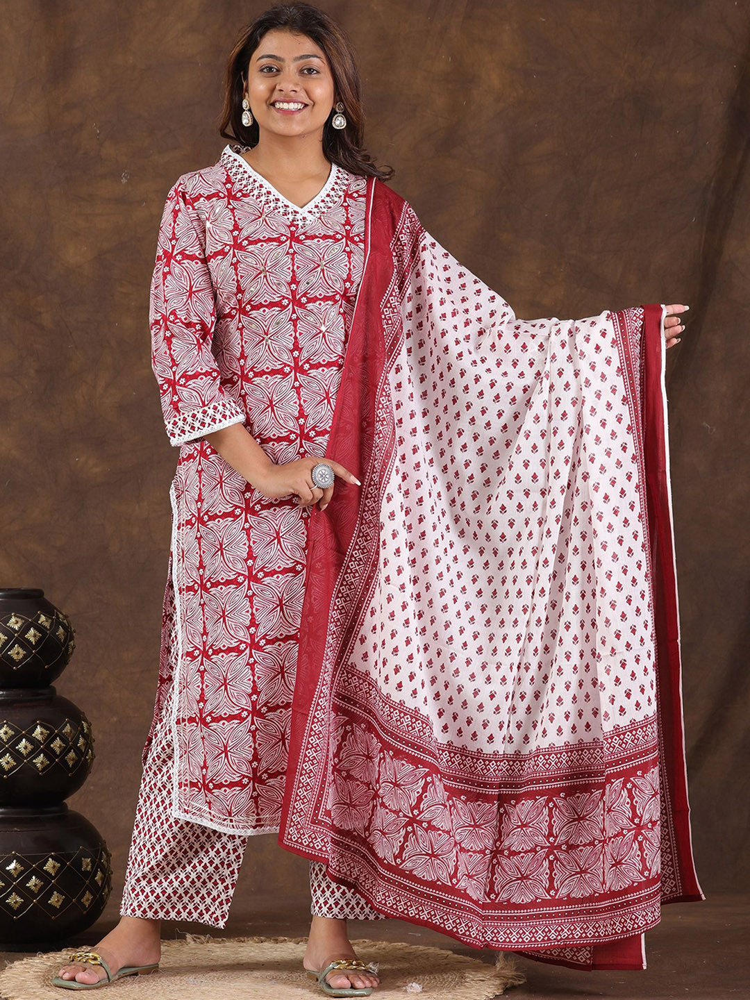 

PARTHVI Floral Printed Mirror Work V-Neck Straight Kurta With Trousers & Dupatta, Maroon