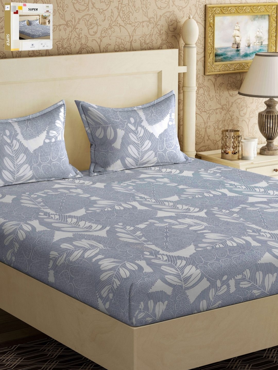 

KLOTTHE Grey & White Floral-Printed Fitted 300TC Super King Bedsheet & Pillow Covers