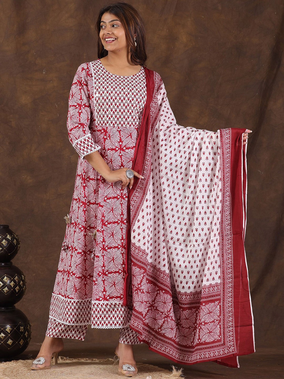 

PARTHVI Floral Printed Mirror Work Anarkali Kurta With Trousers & Dupatta, Maroon