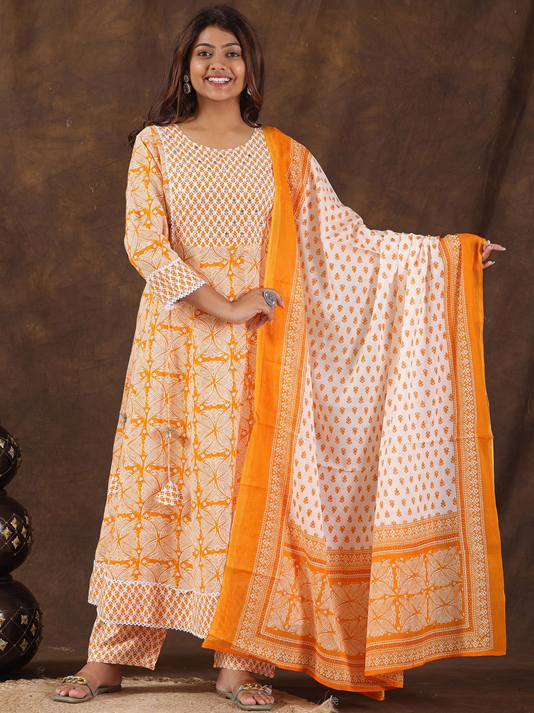 PARTHVI Floral Printed Mirror Work Anarkali Kurta With Trousers & Dupatta, Yellow