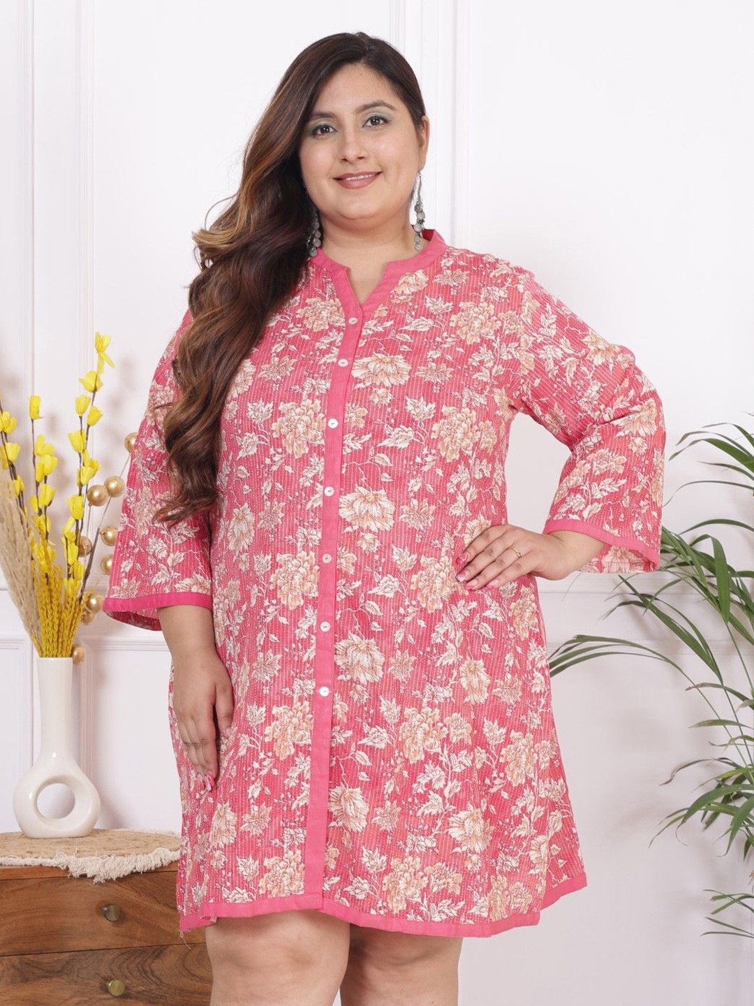 

Swasti Plus Size Floral Print Cotton A-Line Dress, Pink
