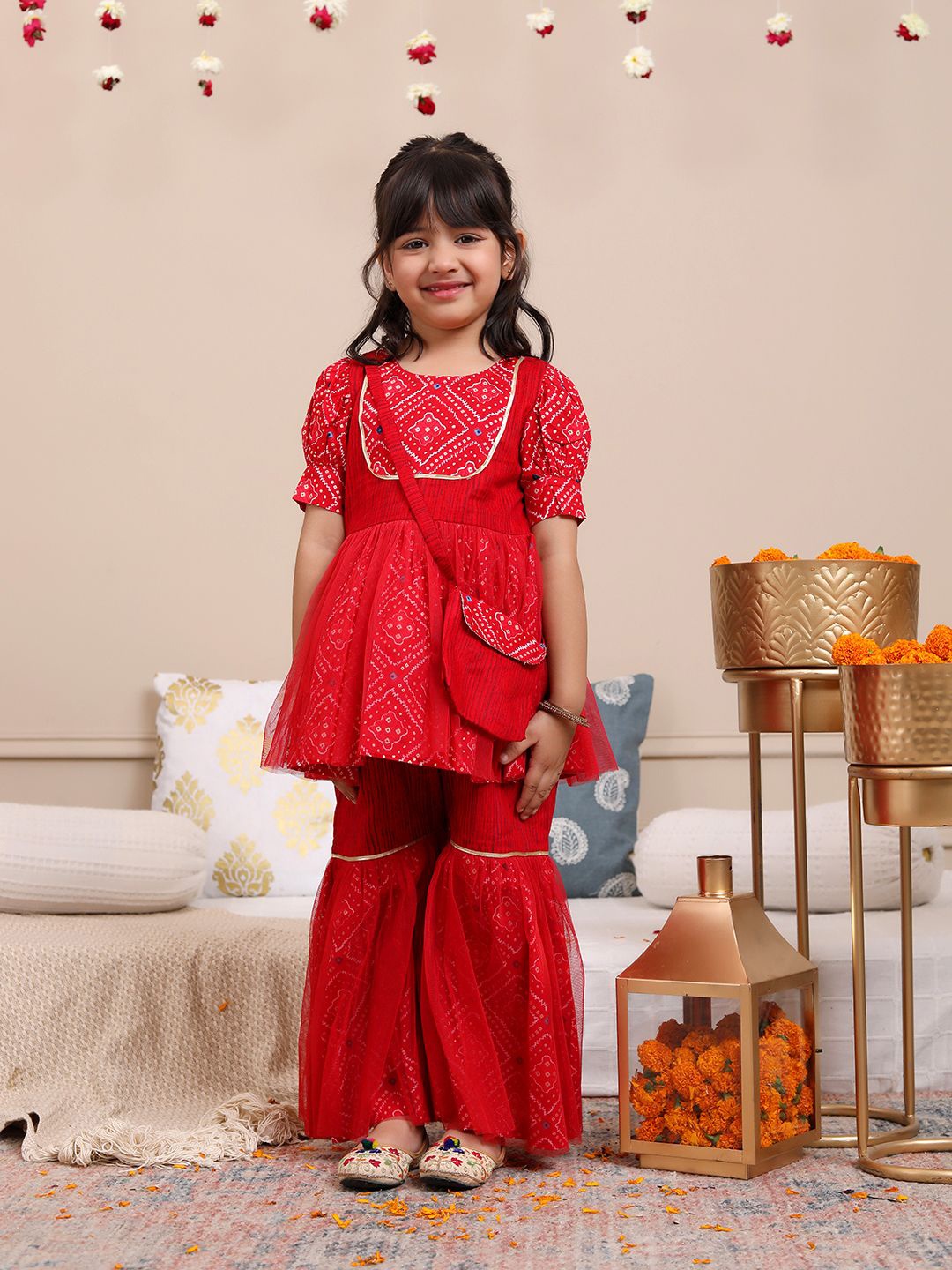 

Budding Bees Girls Foil Printed Pure Cotton Anarkali Kurta With Sharara & Matching Bag, Red