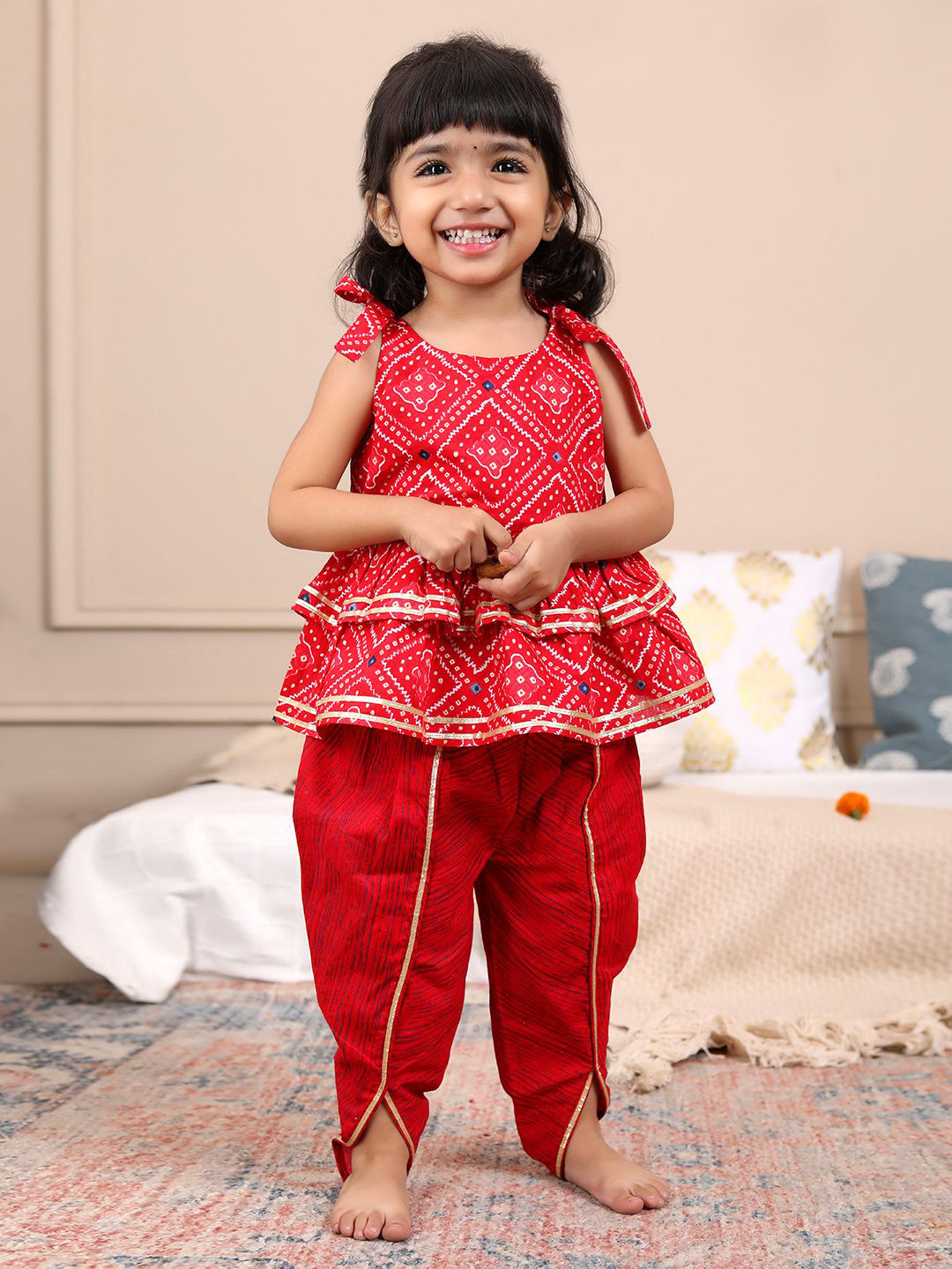

Budding Bees Girls Printed Kurta With Dhoti Pant & Matching Hairband, Red