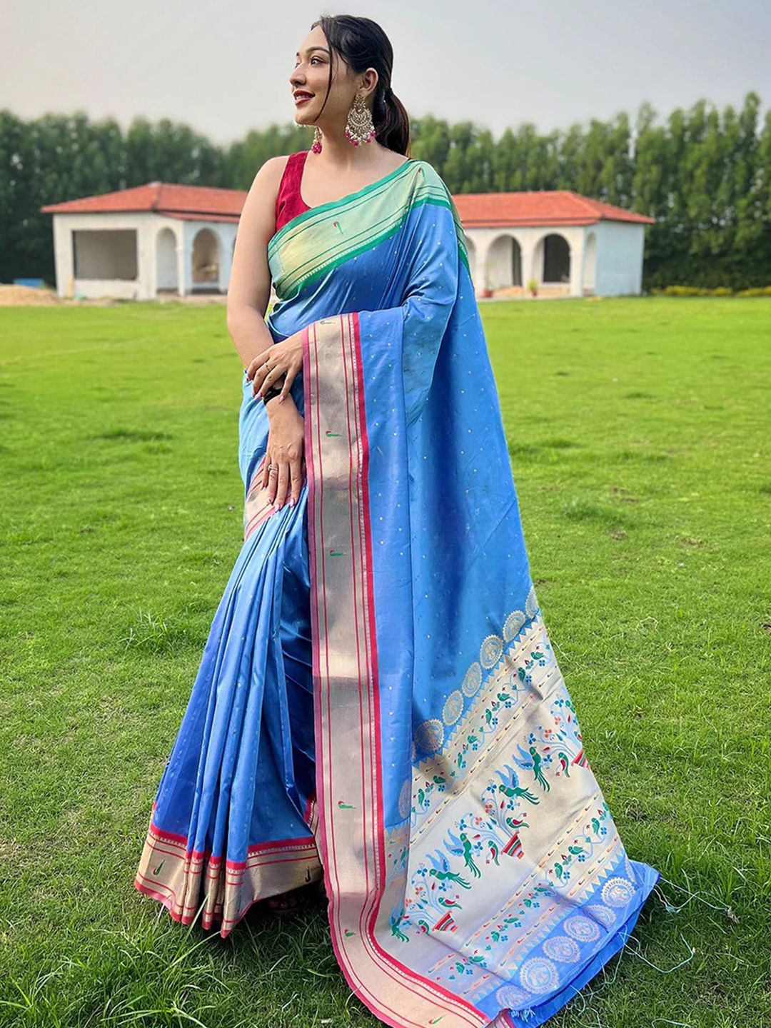 

VASTRANAND Polka Dots Zari Banarasi Saree, Blue