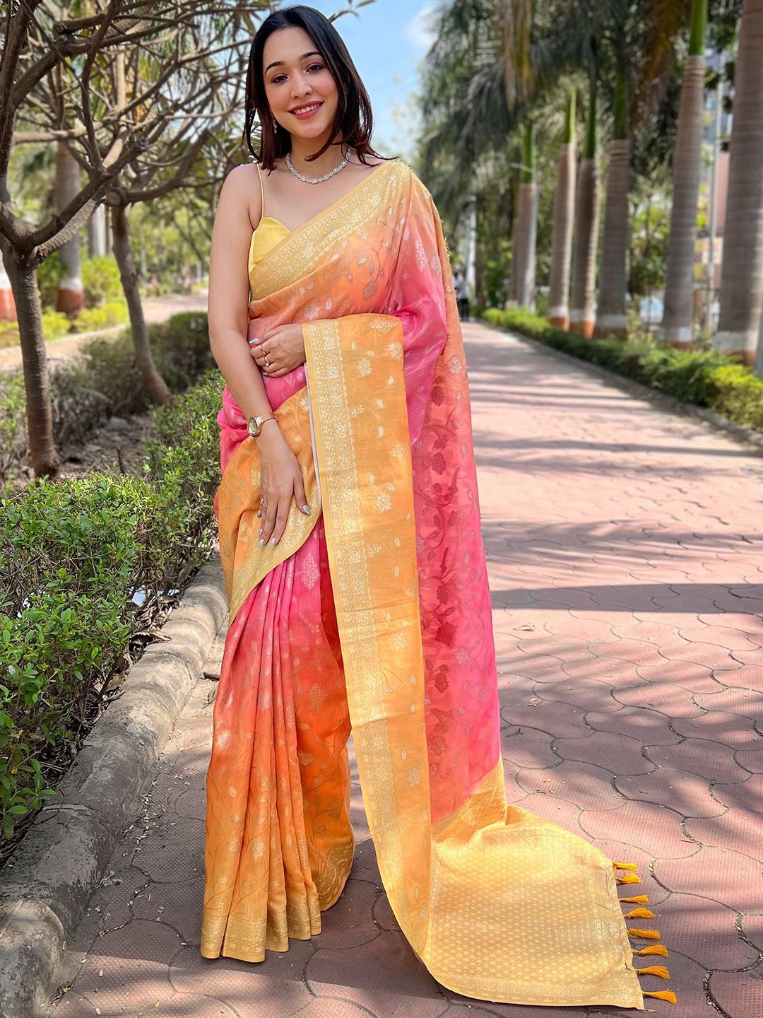 

VASTRANAND Ethnic Motifs Zari Banarasi Saree, Pink