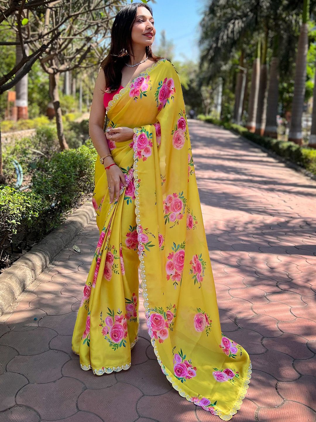 

VASTRANAND Floral Beads and Stones Satin Saree, Yellow