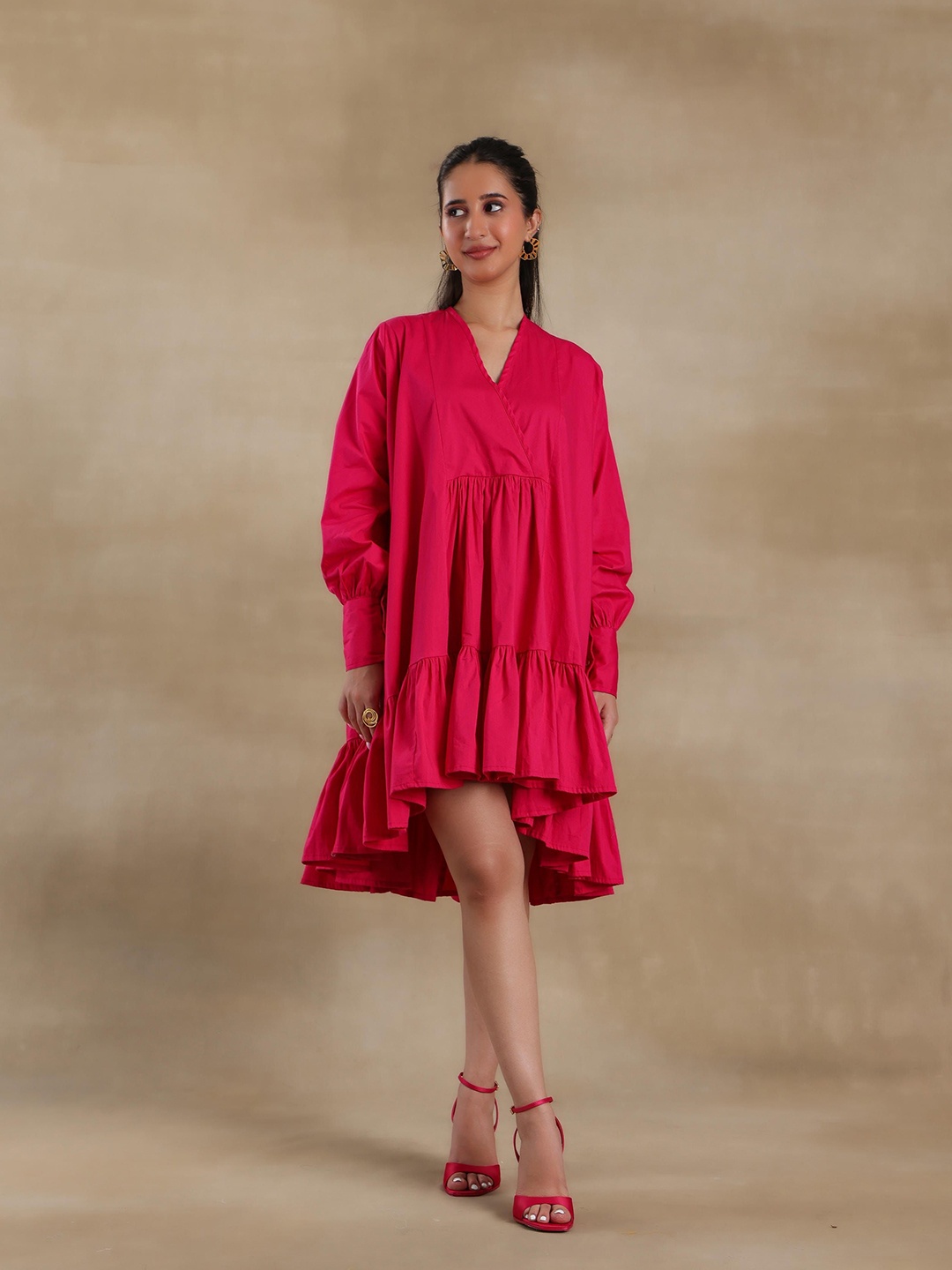 

Alaya By Stage3 Cuffed Sleeves Tiered Wrap Dress, Fuchsia