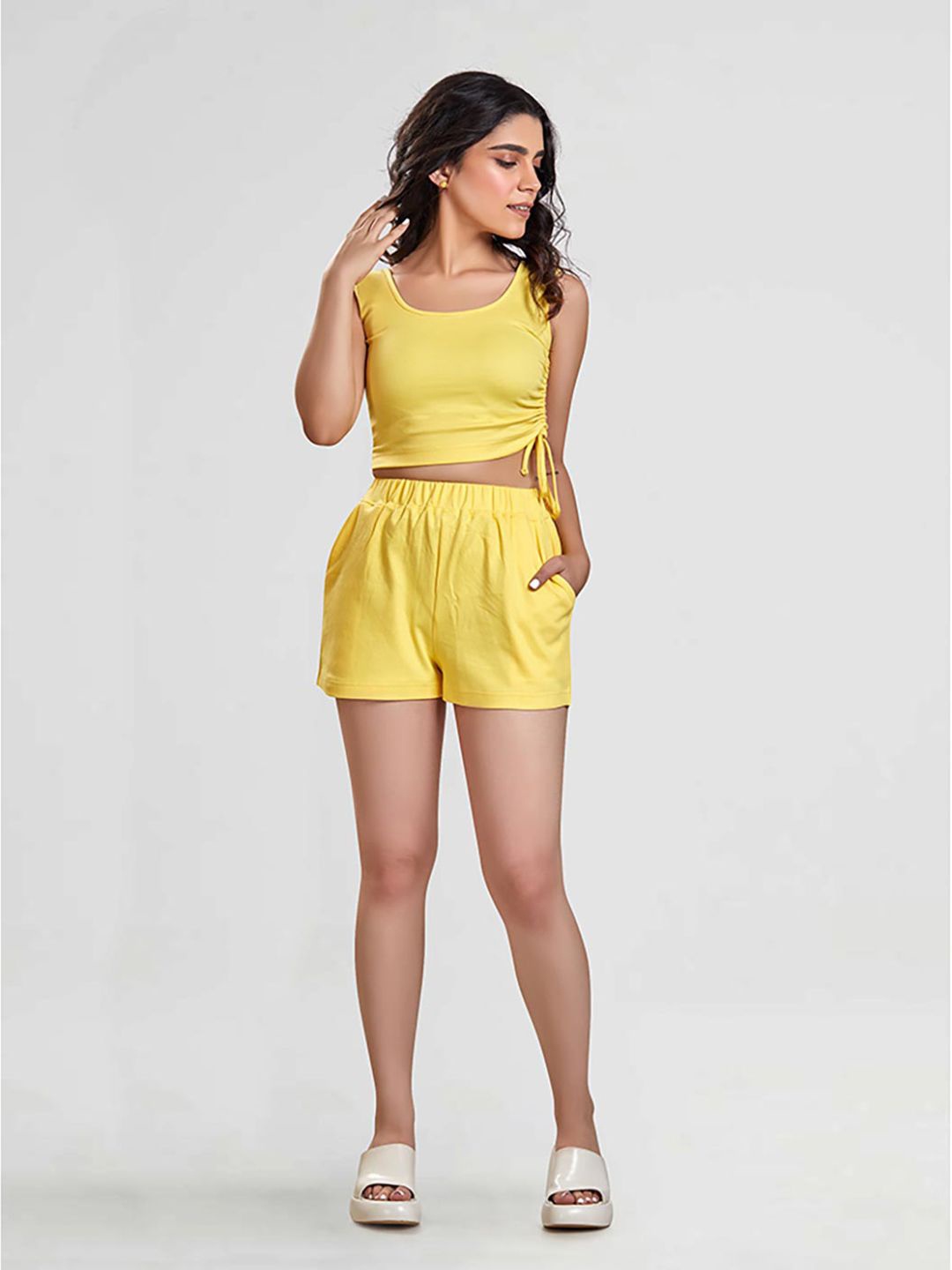 

NUD Tank Top Yellow Side Drawstring Crop Top For Women's