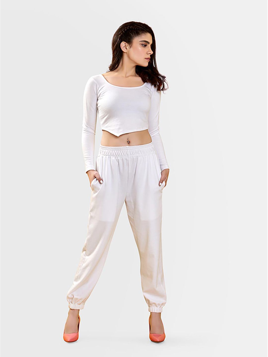 

NUD Women Round Neck Napkin Cut Waist Crop Top, White