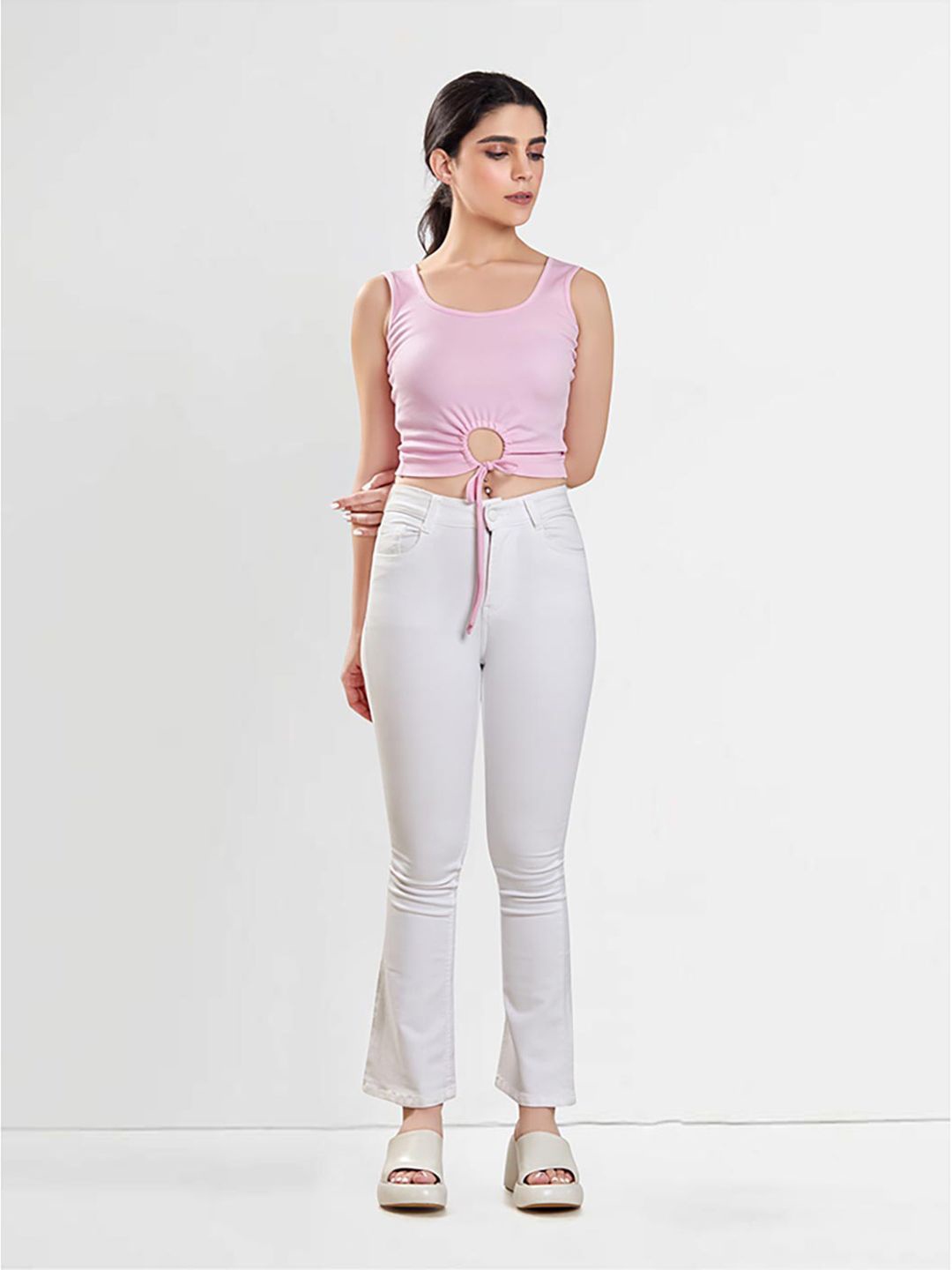

NUD Baby Pink Drawstring Waist Patch Crop Top