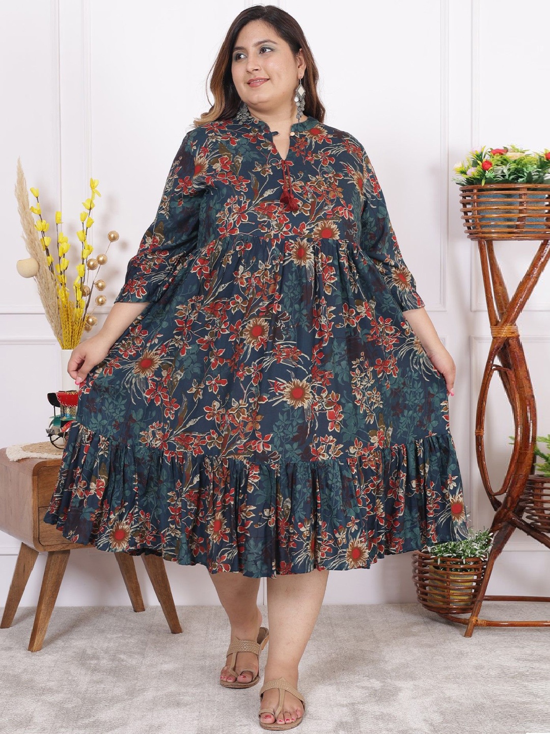 

KALINI Plus Size Floral Print A-Line Midi Dress, Green