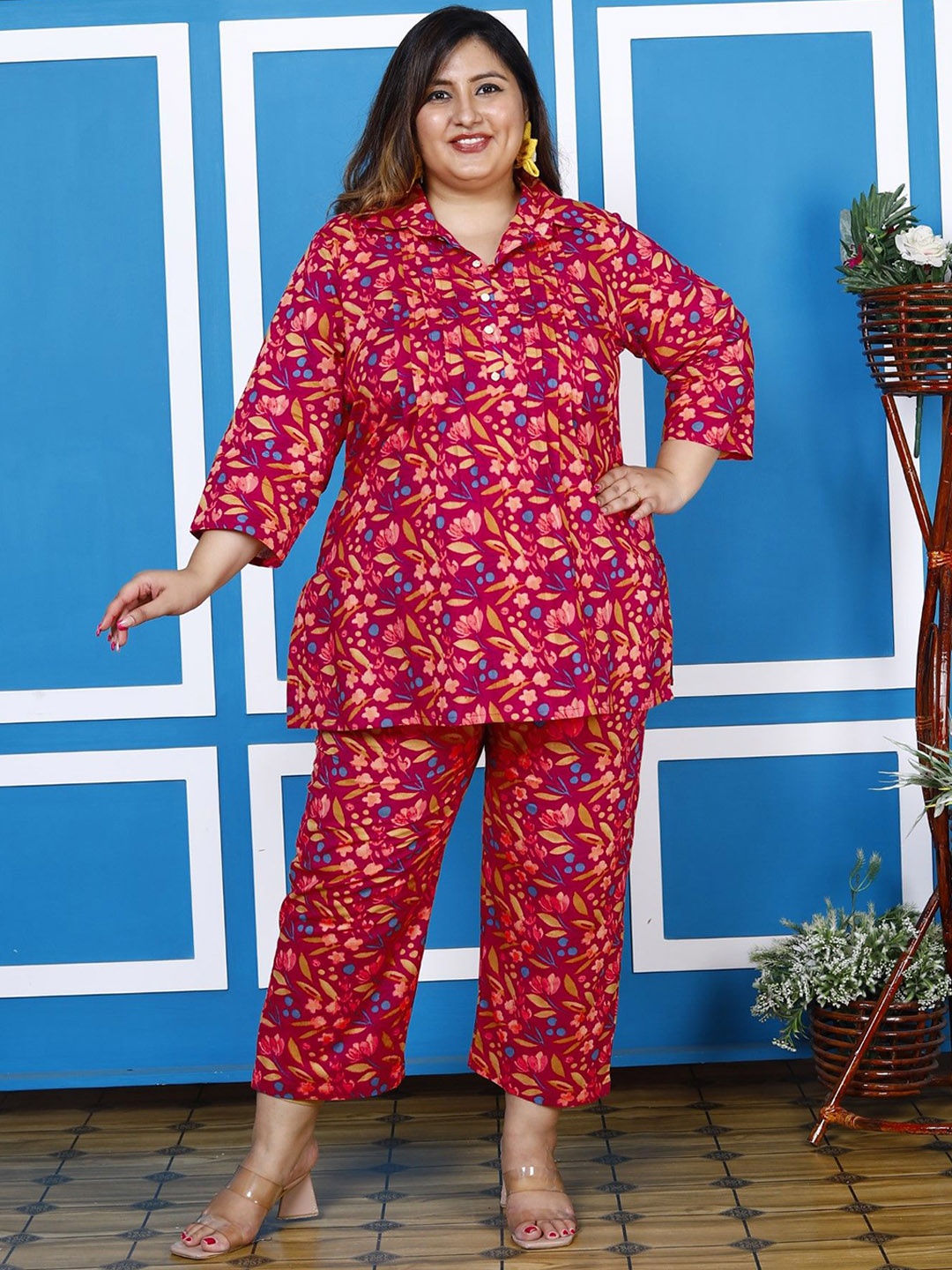 KALINI Plus Size Floral Printed Pure Cotton Tunic & Trousers, Pink