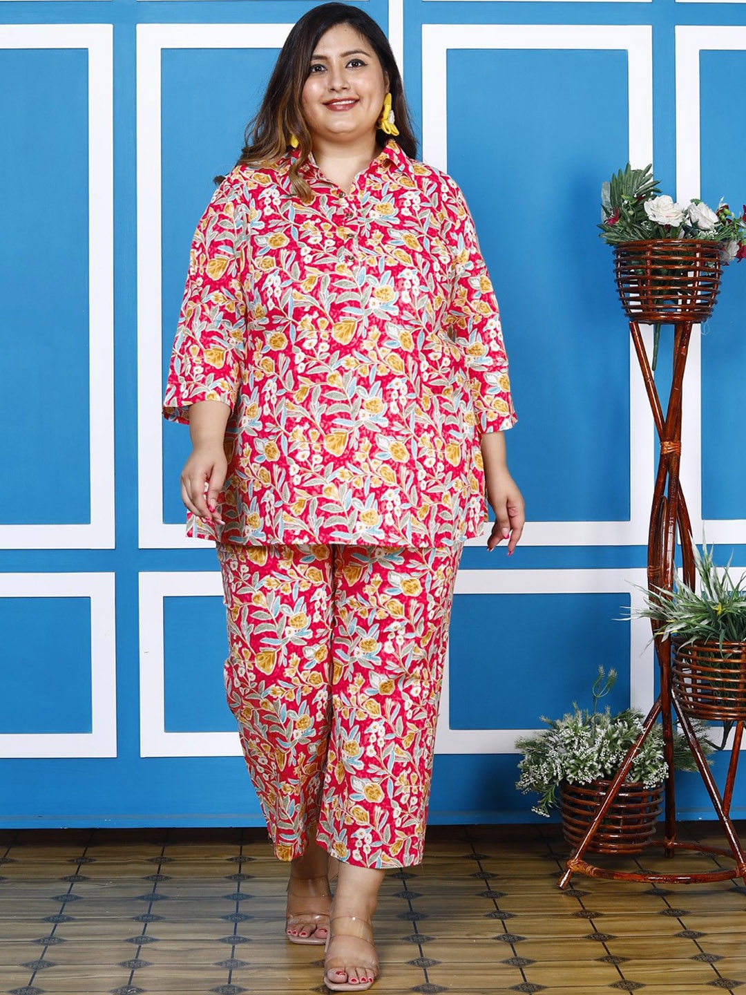 

KALINI Plus Size Floral Printed Pure Cotton Tunic With Trousers, Pink