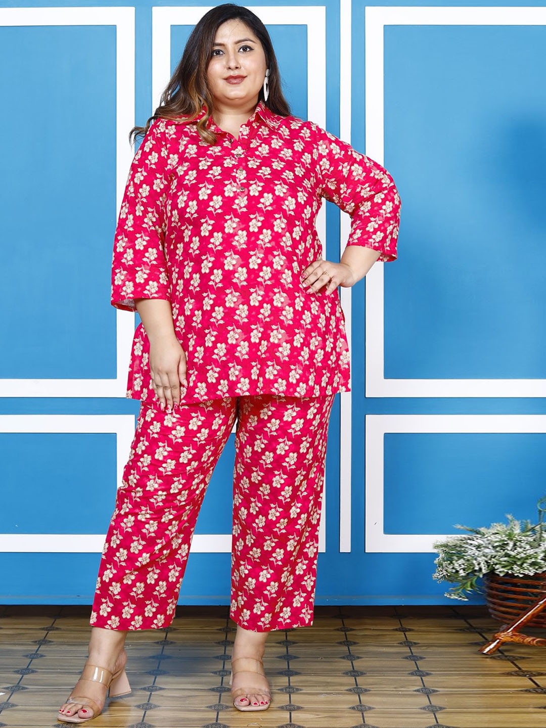 

KALINI Plus Size Floral Printed Pure Cotton Tunic & Trousers, Pink
