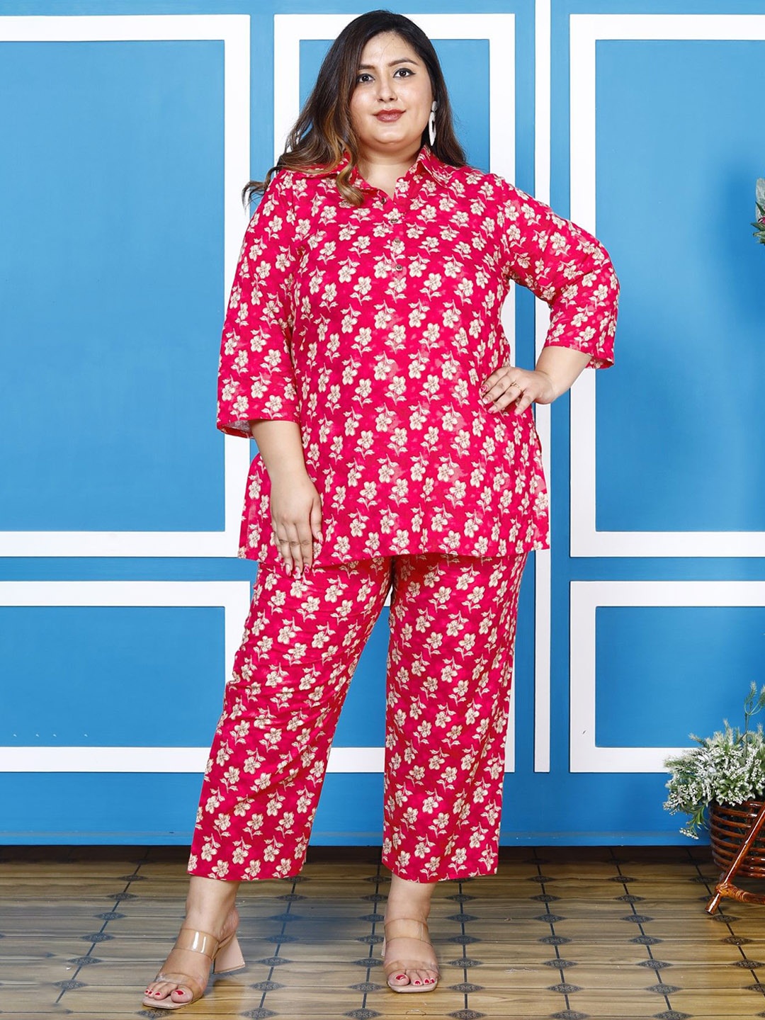 

Swasti Plus Size Ethnic Motifs Printed Pure Cotton Tunic & Trouser, Pink