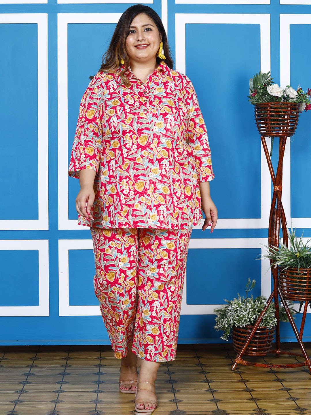 

Swasti Plus Size Floral Printed Pure Cotton Tunic & Trouser, Pink