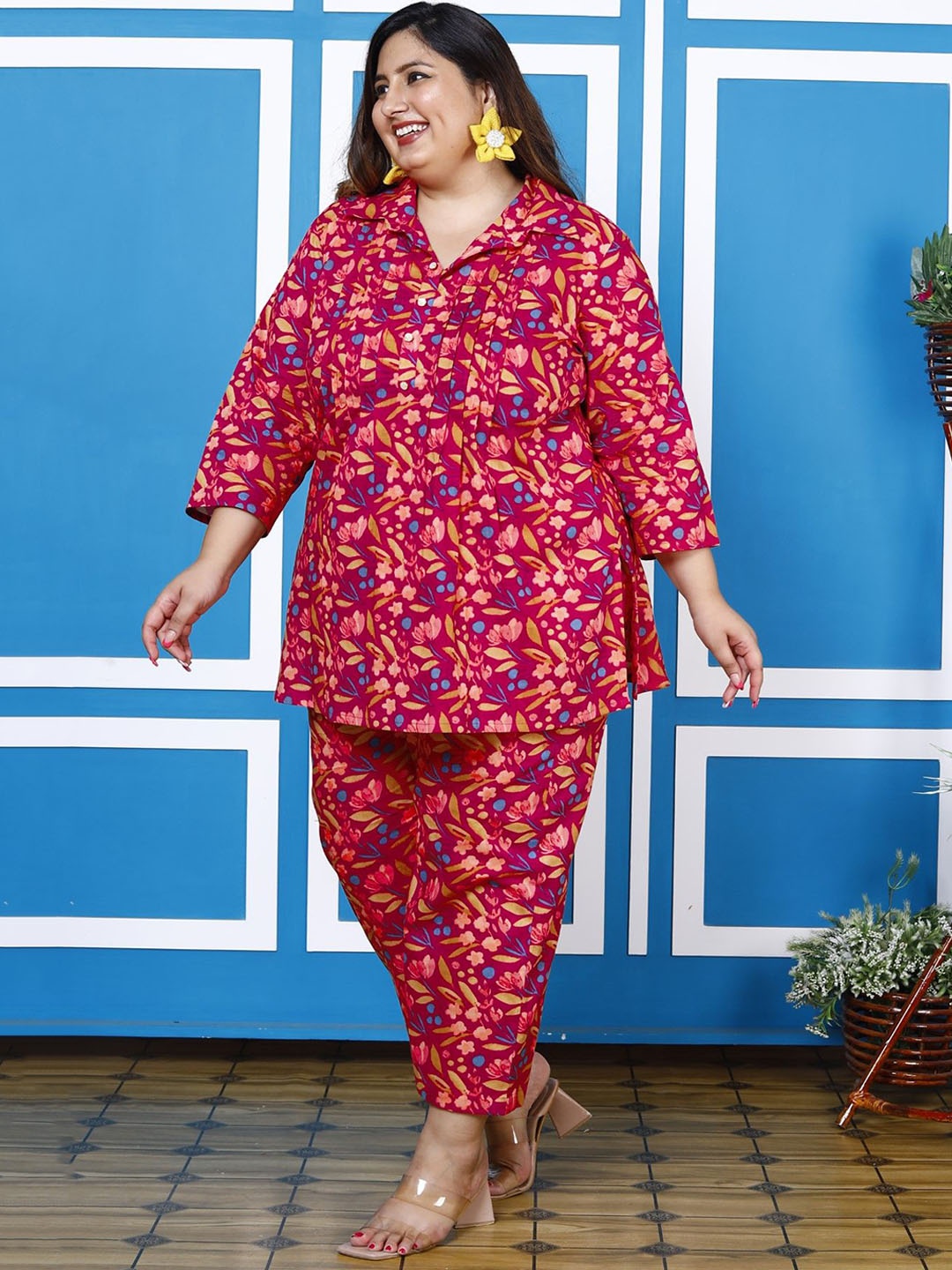 

Swasti Plus Size Floral Printed Pure Cotton Tunic & Trouser, Pink