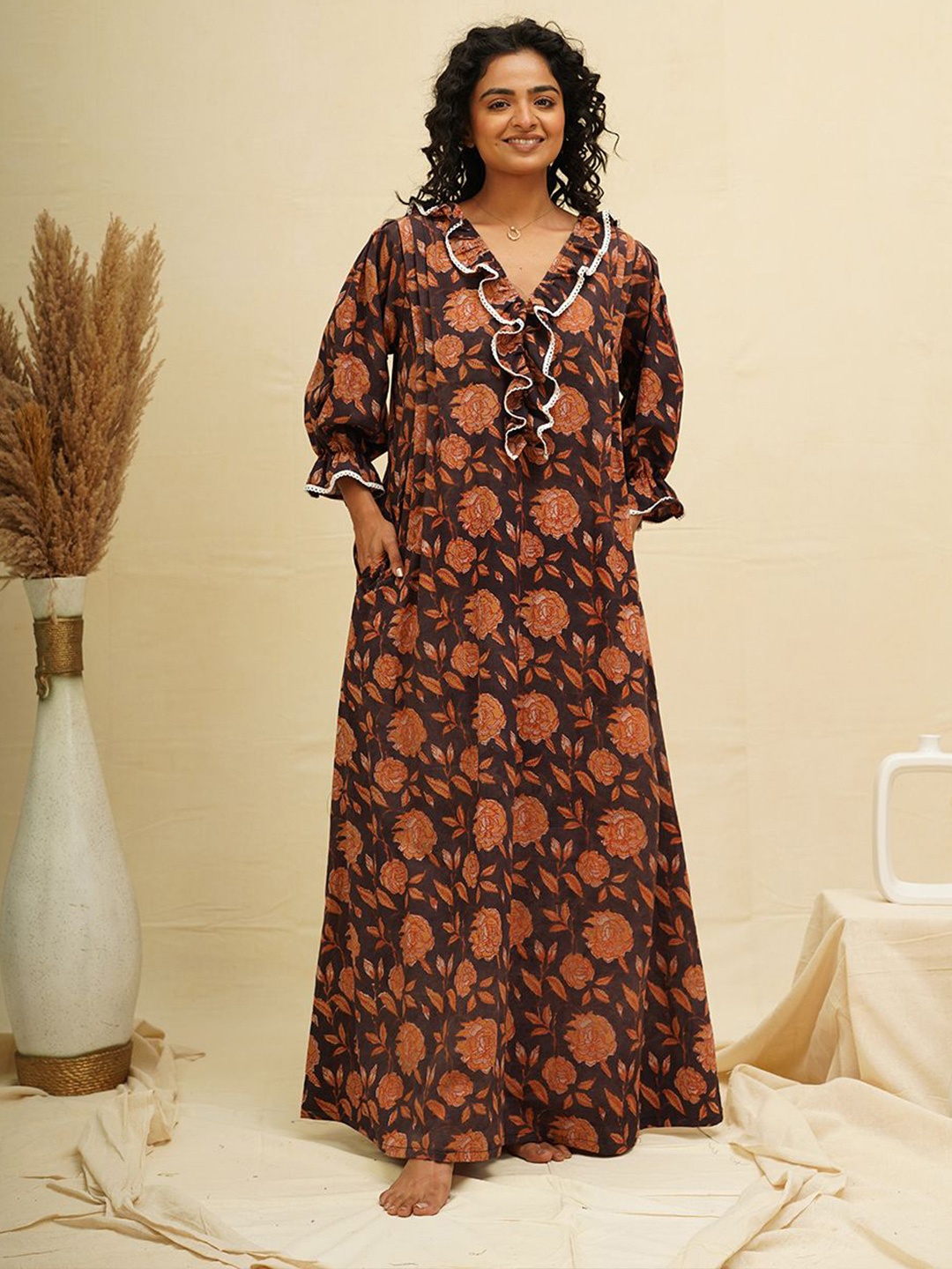 

THE SAFFRON SAGA Floral Printed Pure Cotton Maxi Nightdress, Brown