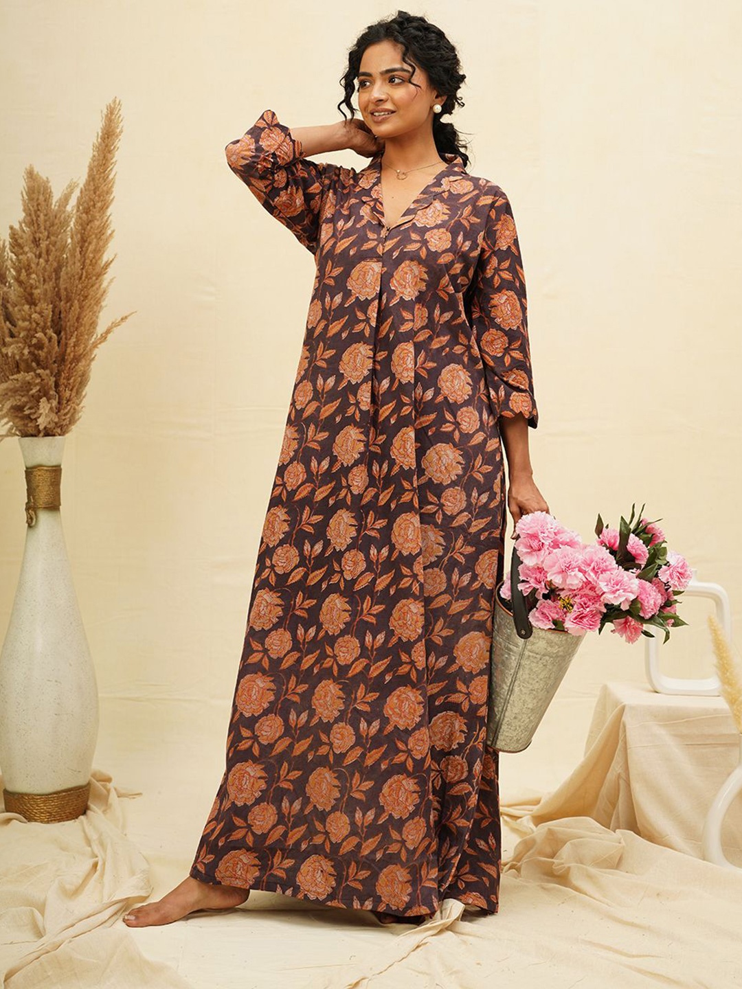 

THE SAFFRON SAGA Floral Printed Pure Cotton Maxi Nightdress, Brown