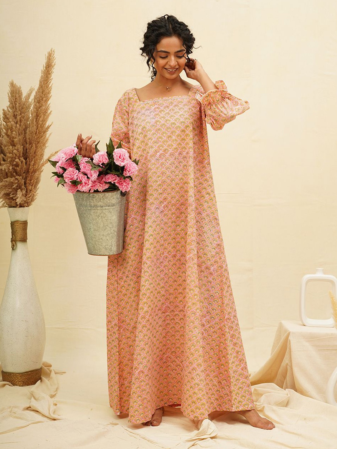 

THE SAFFRON SAGA Floral Print Square Neck Maxi Nightdress, Peach