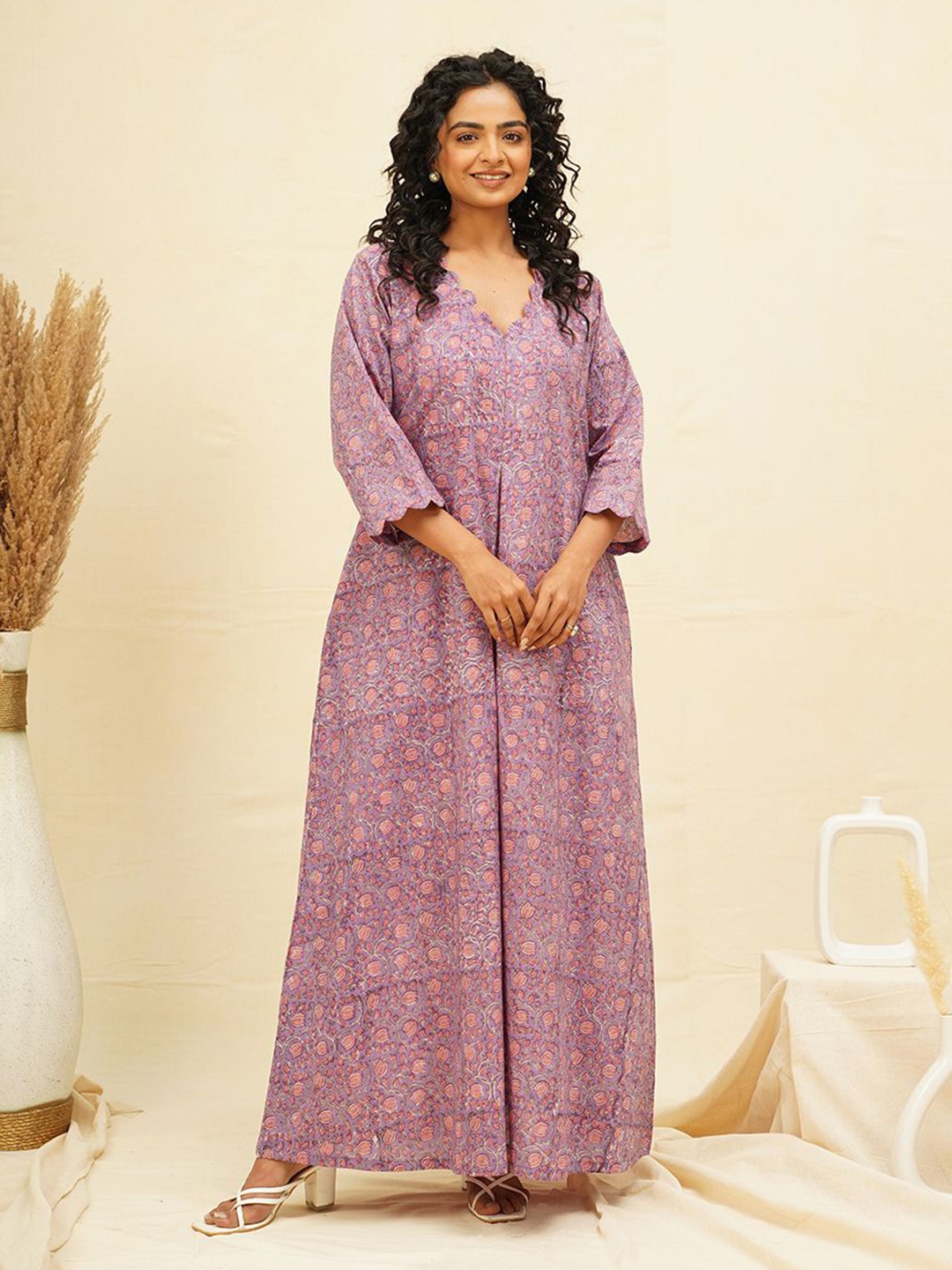 

THE SAFFRON SAGA Ethnic Motifs Printed Pure Cotton Maxi Nightdress, Purple