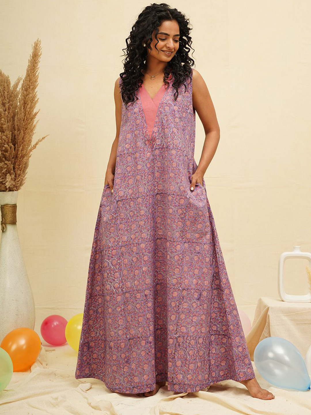 

THE SAFFRON SAGA Ethnic Motifs Printed Pure Cotton Maxi Nightdress, Purple