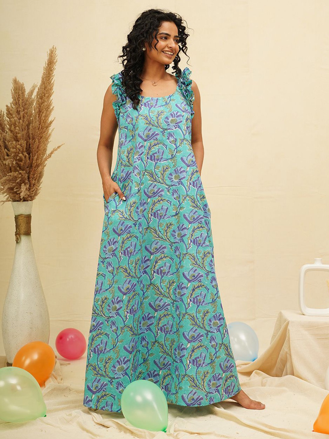 

THE SAFFRON SAGA Ethnic Motifs Printed Pure Cotton Maxi Nightdress, Blue